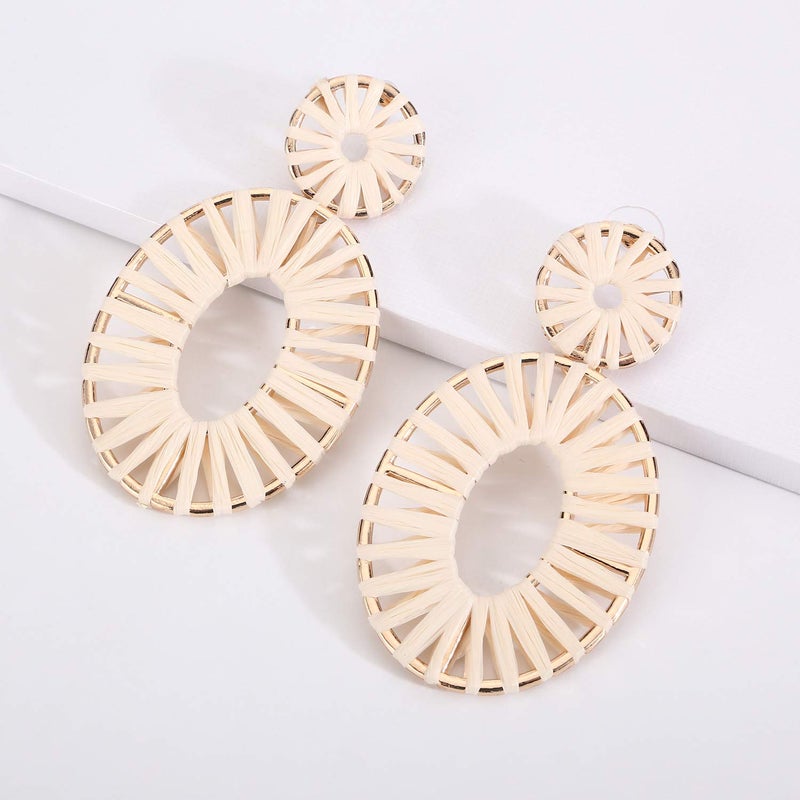 BaubleStar Kiera Raffia Tassel Fringe Rattan Hoop Drop Statement Earrings Natural Tiered Thread Handmade Round Oval Cirle Dangle Fashion Jewelry for Women - Image 2